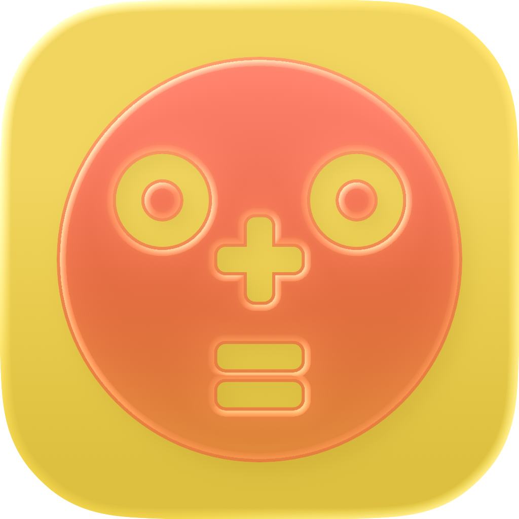 Icon for the Arithmetic app, a face made using zeroes for the eyes, plus sign for the nose, and equals sign for the mouth in a red circle for the face